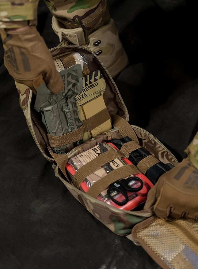 RHINO RESCUE IFAK Trauma Kit with C-A-T Tourniquet for Wound Care, Tactical First Aid Kit Molle Pouch for Military, Combat, Car, Camping, Hiking, Travel (Red)