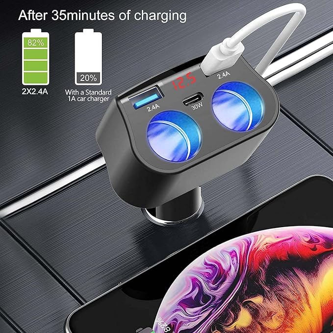 EUGIZMO Dual Car Charger Adapter, 200W Double Cigarette Lighter Adapter Outlet Dual Cigarette Lighter Plug Splitter USB Charger 12V Cigarette Lighter Socket Plug Splitter 2 Socket for Car