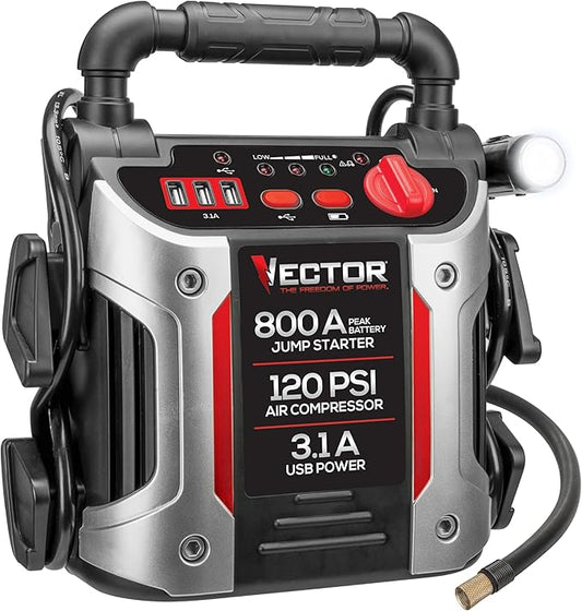Vector J7CV 800 Peak Amp Automotive Jump Starter, Portable Power - Triple 15W USB Ports, 120 PSI Air Compressor