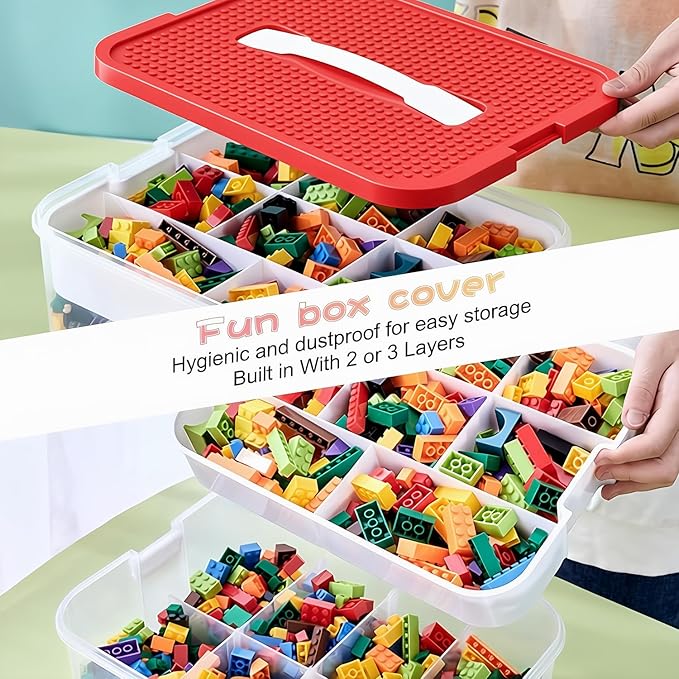 Toys Organizer Storage Case for Lego Box Kids Toy Stackable Building Blocks with Lids Bins Adjustable Lego Storage Containers Plastic Toy Box 3 Layer (Red)