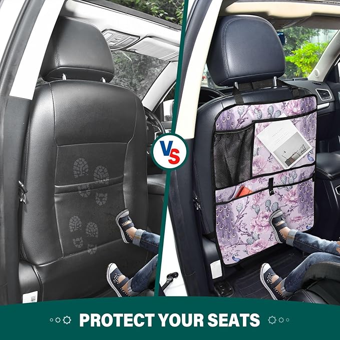 Purple Peacock and Cactus 01 1 Pack Backseat Car Organizer with Storage Pockets Seat Back Organizers for Kids Kick Mats Backseat Protector Automotive