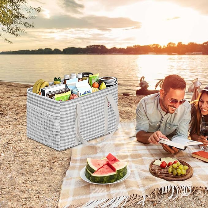 LHZK Standing Utility Tote Bag with Metal Wire Frame and the Sides Rinforced, Large Tote Bag with Handle, Reusable Grocery Bags Foldable, Beach Bag, Car Tote (Gray, 18.5''x11.8''x11.5'')