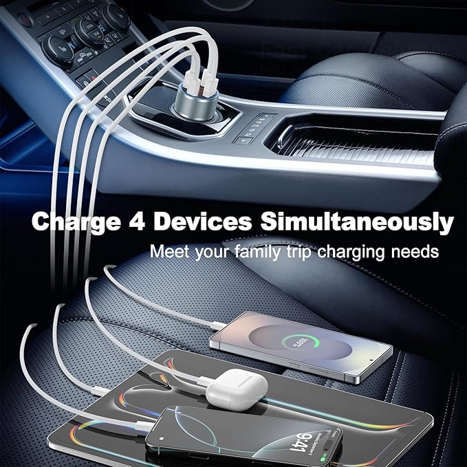 USB C Fast Car Charger, 2Pack 4-Port Fast Charging Car Charger with Voltage Display, Type C Car Chargers for Multiple Devices,USBC Phone Adapter for iPhone 17 16 15 Pro Max,Galaxy,iPad,Pixel,Android