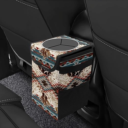 Car Trash Can with Lid Western Aztec Cow Print Collapsible Reusable Leak-Proof Auto Garage Bag,Hanging Vehicle Car Accessories Interior Car Organizer
