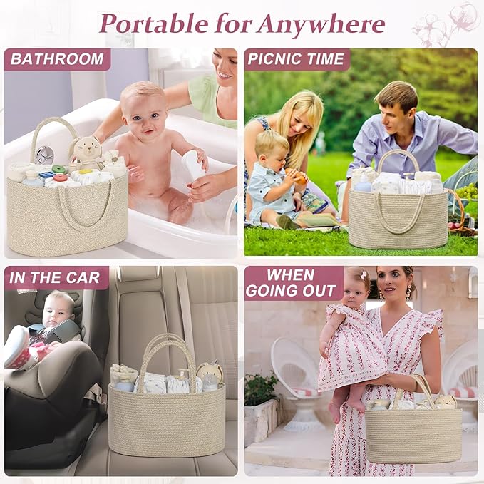 19L Baby Diaper Caddy Organizer, 16.8"x9.8"x9" Cotton Rope Diaper Basket, Changing Table Storage Caddy With Removable Divider, Baby Basket for Nursery, Car, Diapers, Baby Shower Gifts for Newborn