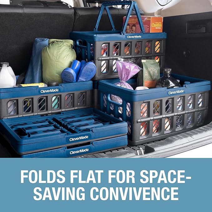 CleverMade Collapsible Shopping Basket with Handles – 24L 3 Pack Collapsible Grocery Tote, Plastic Storage Baskets Fold Flat, Stackable Collapsible Storage Bins for Car & Home - Obsidian