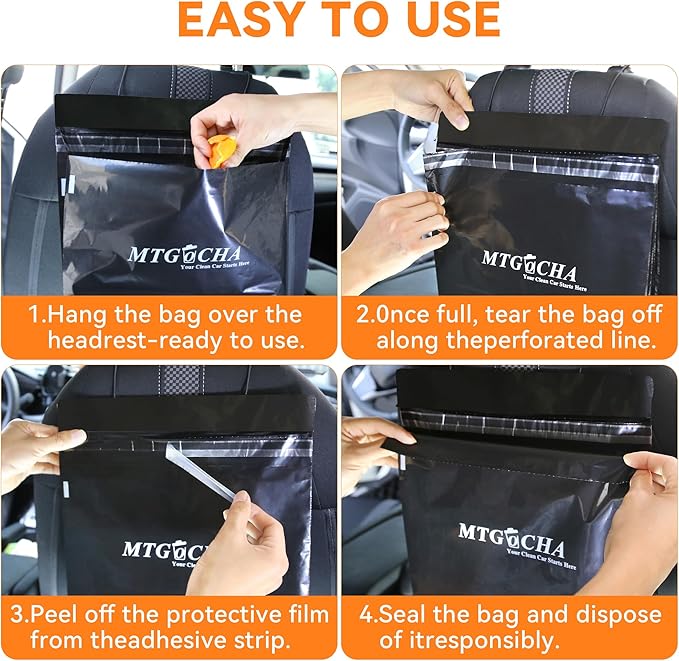Disposable Car Trash Bags Hanging (Set of 120) - Leak-Proof, Smell-Proof, Recycled Car Garbage Bags, Automobile Trash Container, Road Trip Essentials, Black-Medium