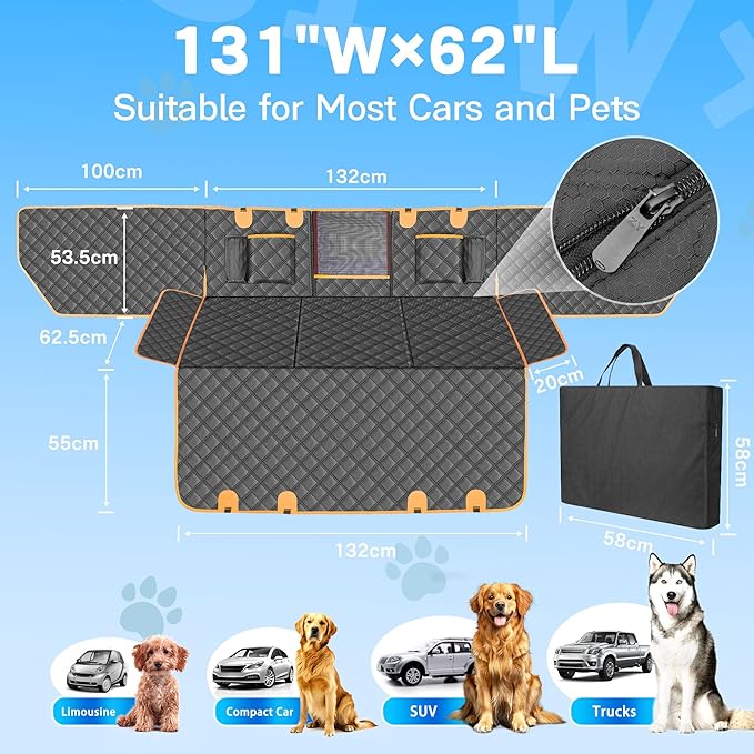 Dog Car Seat Cover for Back Seat, Hard Bottom Car Seat Cover for Dogs with Door Protectors for Traveling and Camping with Pets, Waterproof and Scratch-Resistant, Suitable for Cars