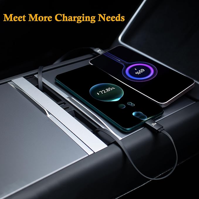 Car USB Hub Charger for Tesla Center Console with Fast Charging Retractable Cables Phone Charger Docking Station Accessories(2 Type-C(Model Y Juniper 2025-2026 & Model 3 Highland 2024-2026))