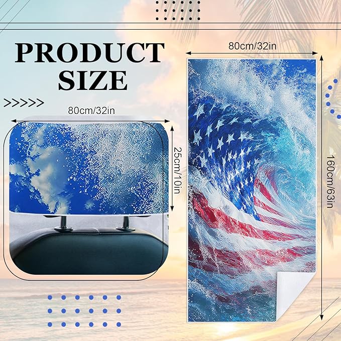 2 Pack Car Towel Seat Covers with Storage Bag, Multifunctional Towel for Gym Outdoor Sport, Picnic, Beach, Pet Dog Travel,Non-Slip Washable Car Seat Protector (Flag Waves)