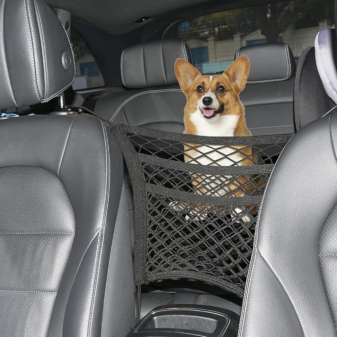 3-Layer Car Mesh Organizer Between Front Seats, 11.8 x 10.6 Inch Car Net Kid Pet Dog Net Barrier with Elastic Storage Pockets for Purses, Tissues, Fits SUV and Van