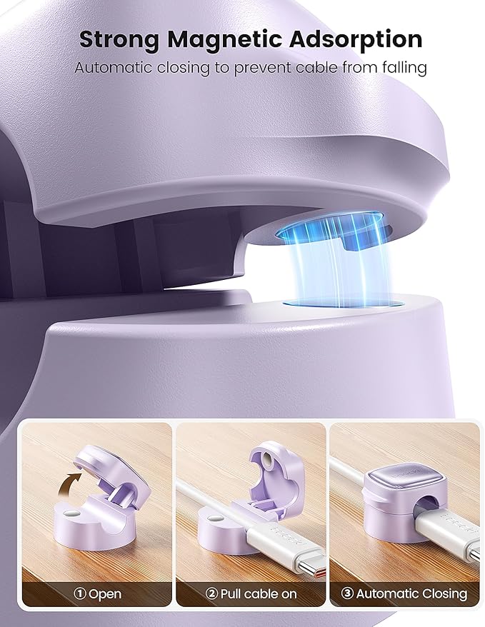 6 Pack Magnetic Cable Clips – Cord Organizer & Holder, Toocki Adhesive Cable Management, Wire Holder for USB Charging Cables, Ideal for Home, Office, Car, Desk, and Nightstand-Purple