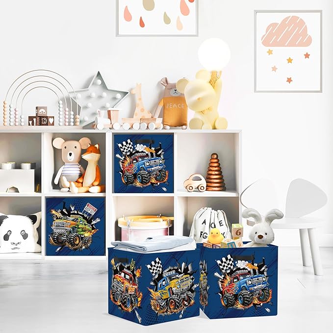 Clastyle 3 pcs Cars Cube Storage Unit Bin with Metal Frame Foldable Kallax Box for Shelves Parents Closet Organizer Basket for Book Clothes Toy Organizer, Off-road Vehicle, 11.8x11.8x11.8 in