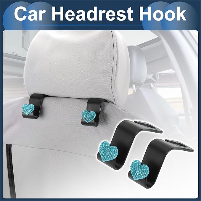 Car Seat Headrest Hook Interior Accessories for Most Car, SUV, Truck Car Seat Back Organizer Hooks Plastic Rhinestone Sturdy Blue 2.4"x1.26"