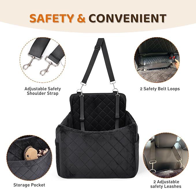 Dog Car Seat for S/M Dogs, Memory Foam Dog Booster Car Seat Up to 35lbs, Detachable Washable Pet Travel Bed with Side Pockets and 2 Safety Belts, Easy to Install (Black)