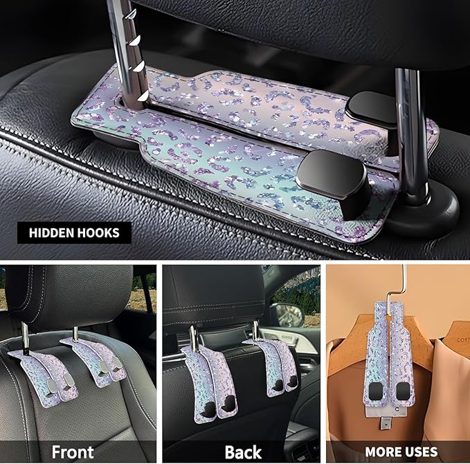 Car Seat Headrest Hook, Universal Leather Cute Hanger Holder Hook, Storage Organizer Interior Accessories for Purse Bags Handbag Glitter Purple Leopard