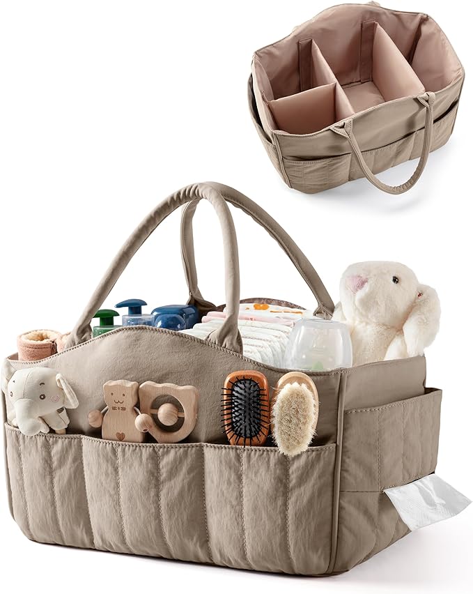 Quilted Baby Diaper Caddy with Detachable Dividers and Wipes Pocket, Lightweight Baby Caddy Organizer with Handles and 8 Pockets for Baby Stuff, Camel