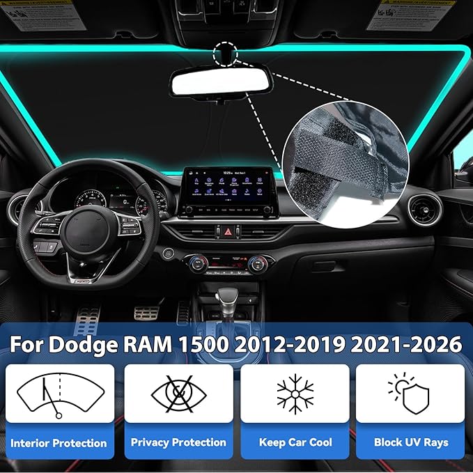 Windshield Sun Shade for 2012-2019 2021-2026 Dodge RAM 1500, Car Front Window Sunshade with 240T Sun Visor Protector Blocks UV Rays Heat Sun Shield Accessories