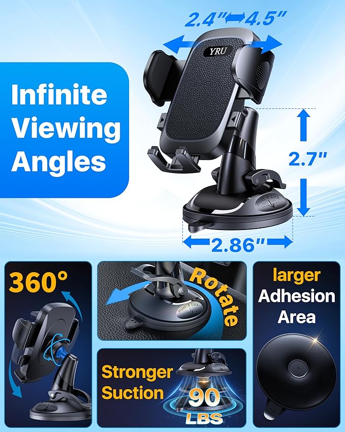 [Military-Grade Anti-Shake & 360° Rotatable Suction] 2026 Upgraded Car Phone Holder Mount【90+LBS Safest Strongest & Patent Cert】Dashboard Windshield Vent for iPhone 17 16 Pro Max Samsung, Jet Black
