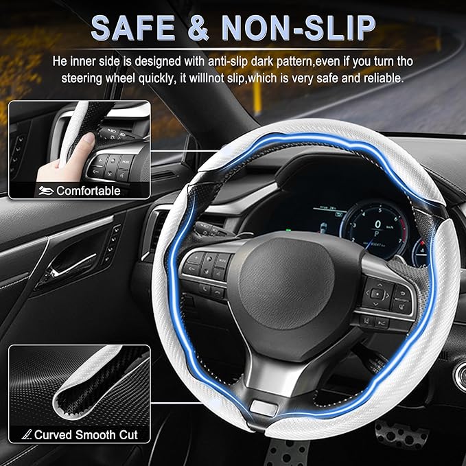 Amiss 3pcs Carbon Fiber Anti-Skid Steering Wheel Cover, Waterproof & Segmented Butterfly Design, Universal 99% Vehicle Wheel Cover Protector, Car Interior Accessories (White-3pcs)
