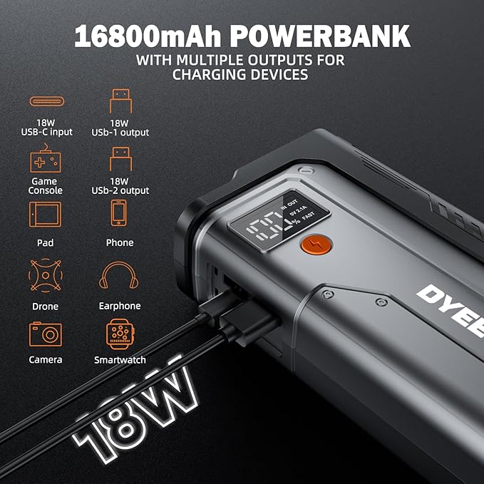 Car Jump Starter 5000A, Jump Starter Portable Battery Pack for 10.0L Gas and 8.0L Diesel Engines, 12V Lithium Jumper Box, Car Starter Booster with Power Bank, LED Light, Jumper Cable