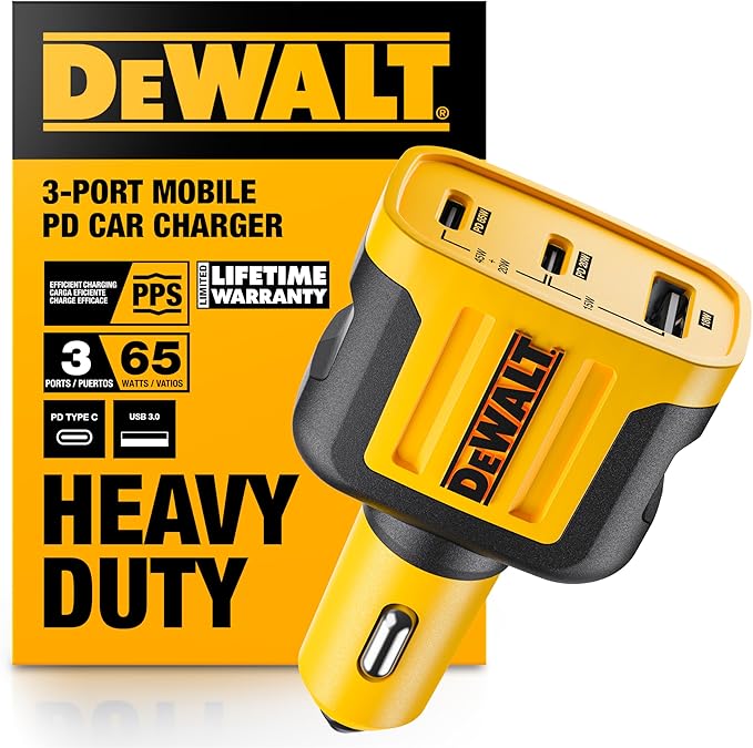 DEWALT 65W PD 3-Port Car Charger – USB-C PPS Fast Charging Adapter for Laptops, Phones & Tablets, Dual USB-C + USB-A Ports, 65W Total Output for Efficient Type C + USB Multi-Device Charging On The Go