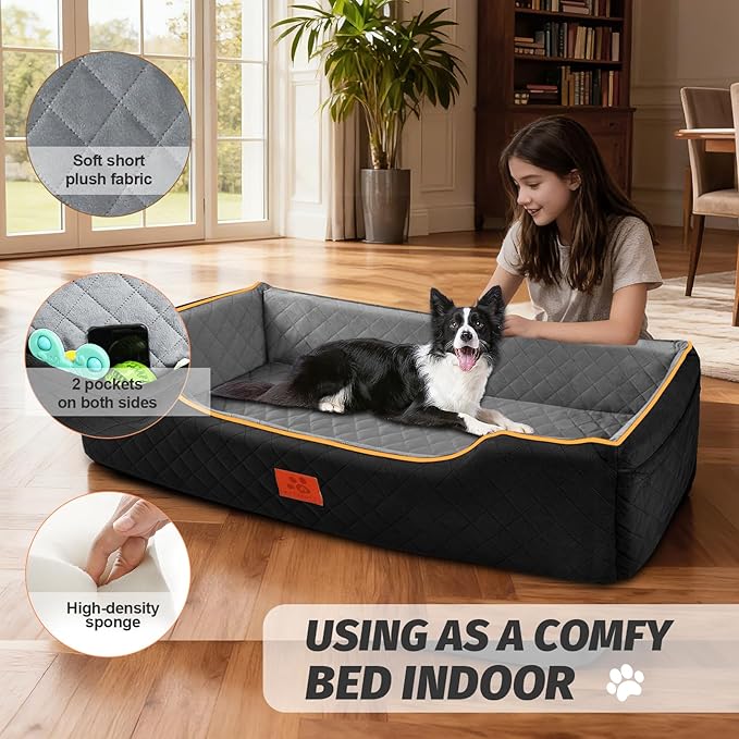 XIEEAOZEE Large Dog Car Seat, Memory Foam Dog Car Bed for Backseat & Trunk, Washable Pet Booster Seat Under 100 lbs or 2 Medium Dogs, Pet Travel Seat with Storage Pockets,2 Safety Belts