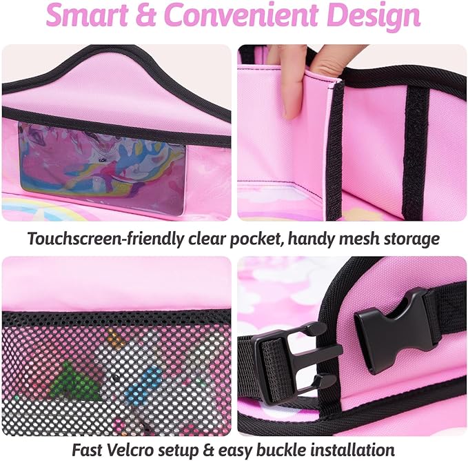 OUOZZZ Kids Travel Tray for Car - Girl's Safety Seat Table, Toddler Road Trip Essentials - Carseat/Airplane Lap Desk with Weight-Relief Strap, Non-Skid Silicone Base, Waterproof Dining/Craft Mat
