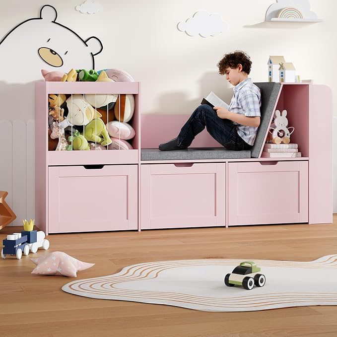 66.9" Kids Reading Nook, Toy Storage Organizer with Stuffed Animal Storage, Bench and Removable Cushions, Wooden Toddler Bookshelf with 3 Movable Drawers for Nursery, Playroom (Pink)