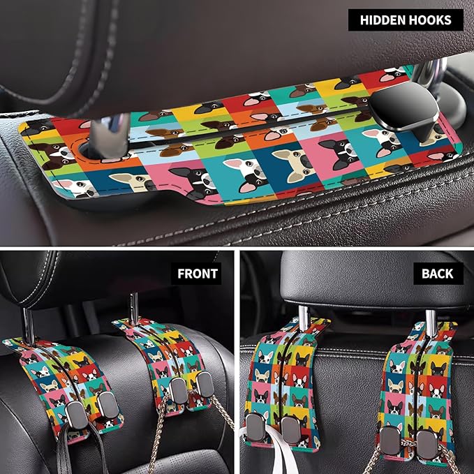 Car Seat Back Storage Headrest Hook, Premium Leather Double Metal Hook, Hanger Storage Organizer for Purse Cloth Bag, Car Interior Accessories Colorful Cute Dogs