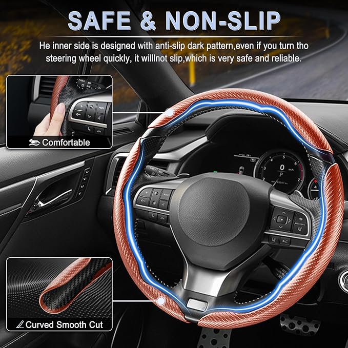 Amiss 3pcs Carbon Fiber Anti-Skid Steering Wheel Cover, Waterproof & Segmented Butterfly Design, Universal 99% Vehicle Wheel Cover Protector, Car Interior Accessories (Champagne-3pcs)