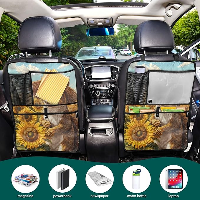 Sunflower Squirrel 1 Pack Backseat Car Organizer with Storage Pockets Seat Back Organizers for Kids Kick Mats Backseat Protector Automotive