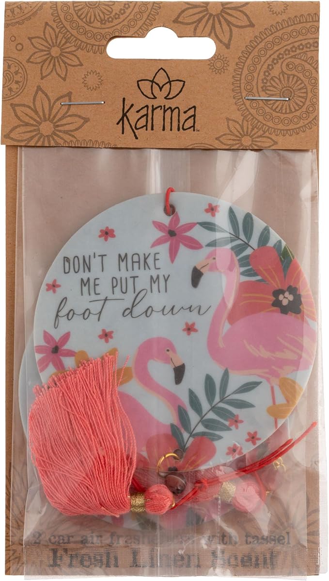 Karma, Essential Oil Air Freshener for Cars Set of 2, Home & Office - Colorful Decorative Hanging Air Freshener with Tassel, Flamingo Coconut Scented