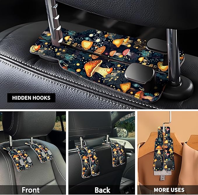 Car Seat Headrest Hook, Universal Leather Cute Hanger Holder Hook, Storage Organizer Interior Accessories for Purse Bags Handbag Cute Boho Mushrooms
