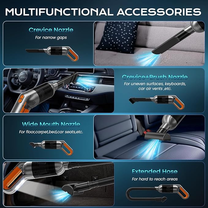 Handheld Vacuum Cordless, Portable Car Vacuum with LED Light,Rechargeable Small Vacuum Cleaner with Powerful Suction,Lightweight Vacuum Cleaner for Car Home Office Pet Hair (Orange)