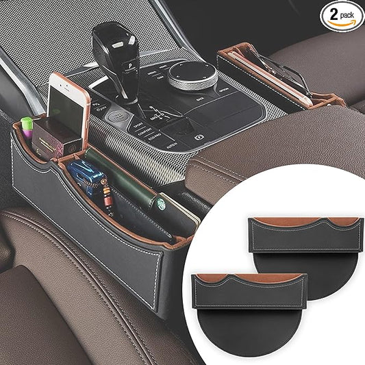 Car Seat Gap Organizer Large Capacity Leather Storage Box with Charging Port Multi-Purpose Car Seat Crevice Storage Solution for Phones Wallets Cards Ideal for Car Organization (Modern, Black-Double)