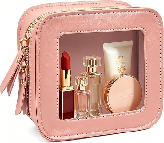 Small Clear Makup Bag, Clear Cosmetic Bags with Zipper Waterproof Small Travel Cosmetic Case Cute Make Up Pouch Mini Car Essentials for Women Travel Car Organizer (Mini Pink)