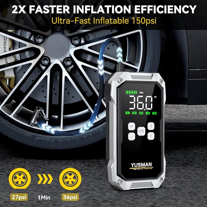 Car Jump Starter with Air Compressor, 8000A 150PSI Jump Starter Pack (All Gas/10.0L Diesel), 12V Battery Jump Starter with Display, Smart Jumper Cables, 2 LED Light