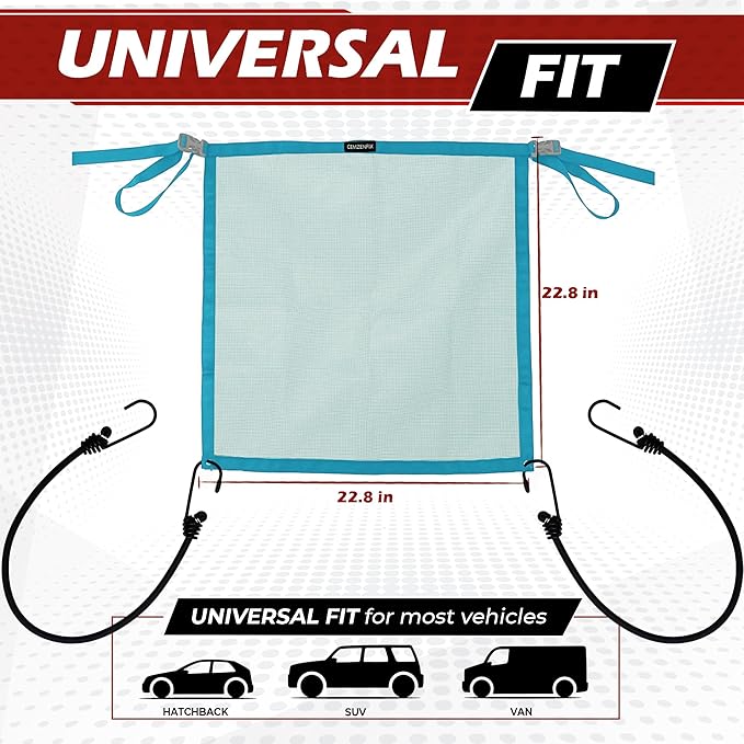 Universal Dog Car Net Barrier – Sturdy Mesh, Easy Install, Breathable Design, Easy to Clean, Flexible Bungee Cords for Adjustable Fit 23"×23" (Sky Blue)