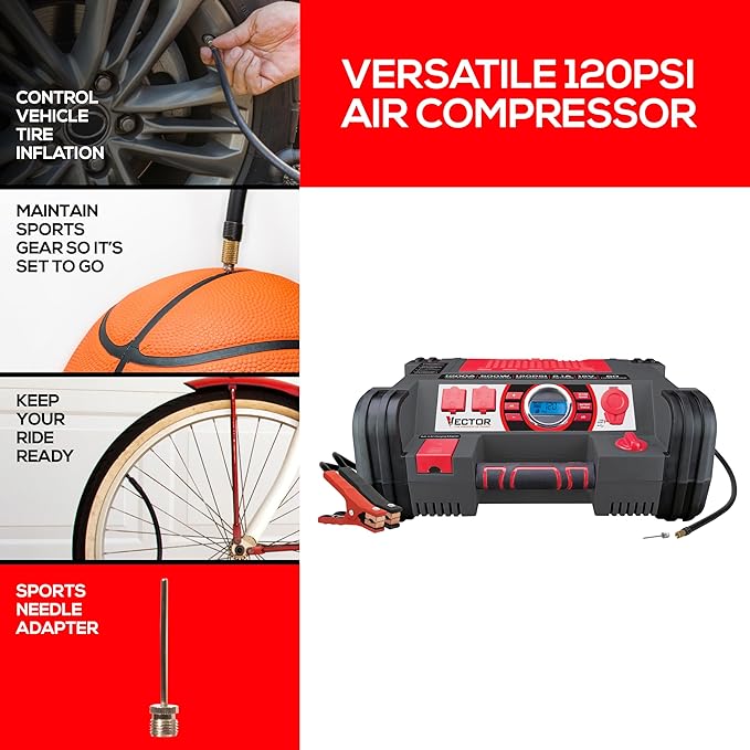 Vector PPRH5V 1200 Peak Amp Automotive Jump Starter, Portable Power – 10W USB Port, 500W Inverter, 120 PSI Air Compressor