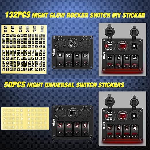 Nilight 4Gang Rocker Switch Panel with USB Charger Voltmeter and Cigar Lighter 12V 24V Toggle ON Off Red Night Glow Stickers for Cars Rvs Trucks