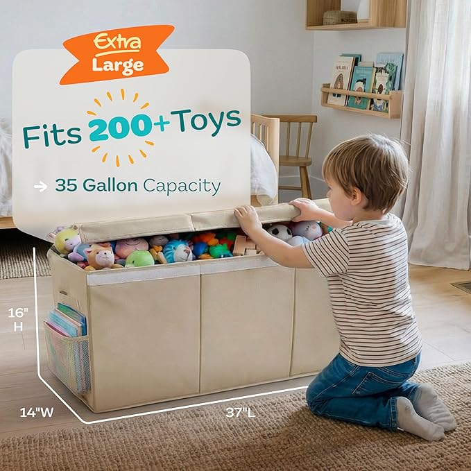 Extra Large Toy Storage Organizer with Lid - Sturdy, Collapsible Toy Chest Storage Box Design - Toys Bin with Dividers for Kids, Nursery, Bedroom, Playroom 37"x16"x14"