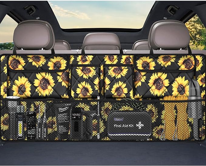 Femuar Car Trunk Organizer,Large Capacity Backseat Organizer(42 in*18 in),Collapsible Storage Bag with 8 Pocekt,Car Organizer for SUV/MPV/Truck - Sunflower TLAG-0114