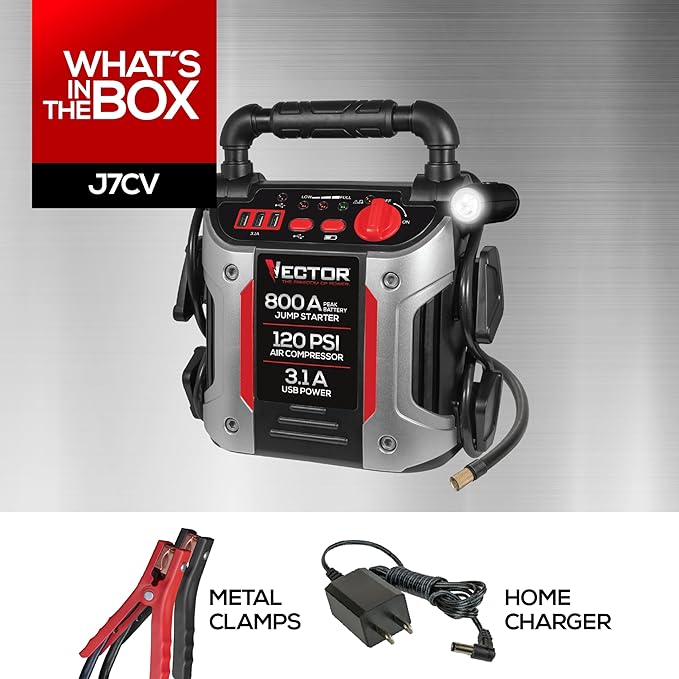 Vector J7CV 800 Peak Amp Automotive Jump Starter, Portable Power - Triple 15W USB Ports, 120 PSI Air Compressor