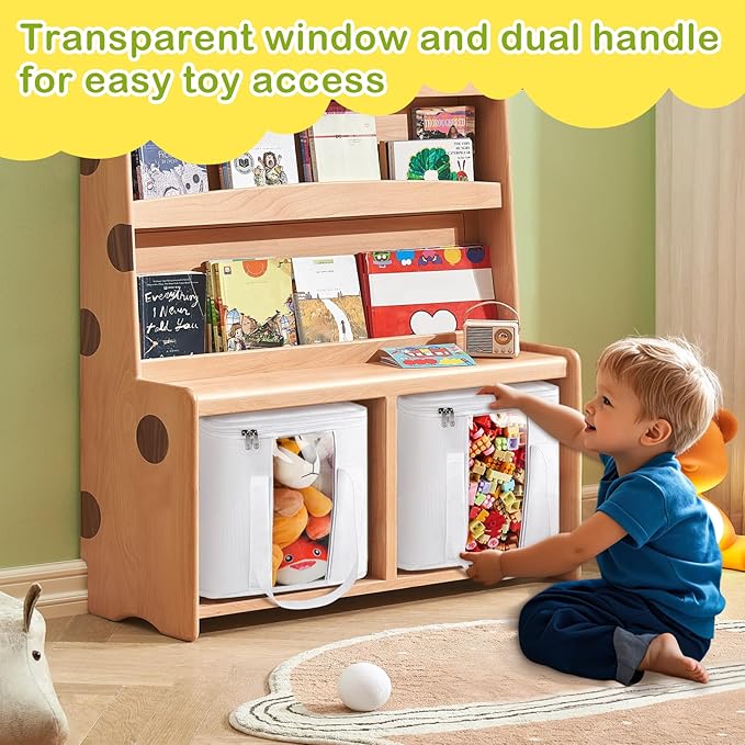 2PCS Toy Cube Storage Bin: Kids Building Blocks Organizer Bag with Zipper Lid & Handles, Clear Foldable Car Toy Container Box for Cubby Shelves, White Small Basket for Living Room, Closet, Playroom