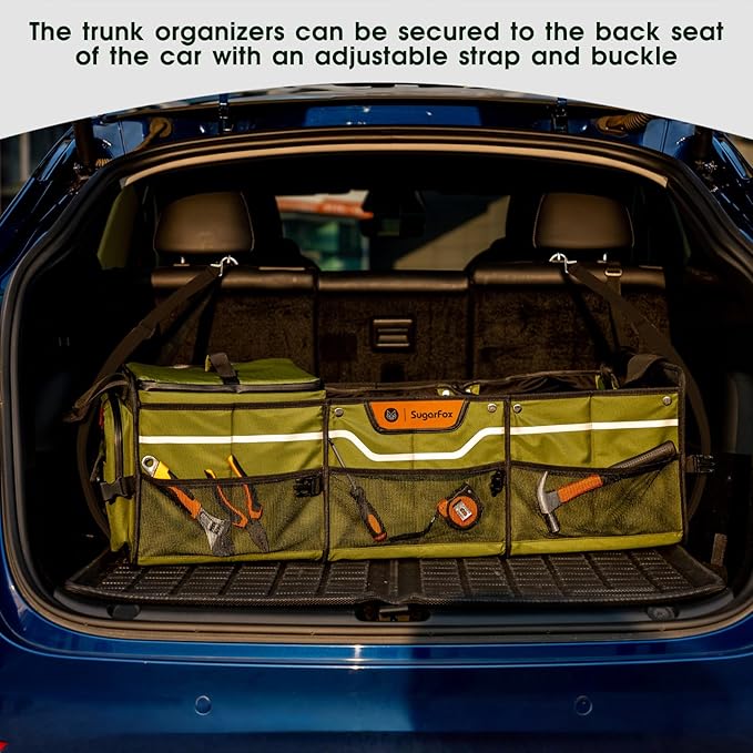 Car Trunk Organizer for SUV, Heavy Duty Waterproof Trunk Organizer, Foldable Collapsible Car Organizer with Cooler, Multi-Compartment Large Trunk Organizer (95L), Green-M003