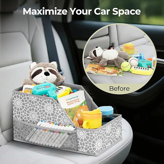 Easi Car Seat Organizer Backseat Front Seat Gap Filler with 12 Storage Compartments 2 Metal Cup Holders Kids Snack Travel Passenger Seat Organizer Collapsible Storage Box for SUV Truck Van Car, GE, 1