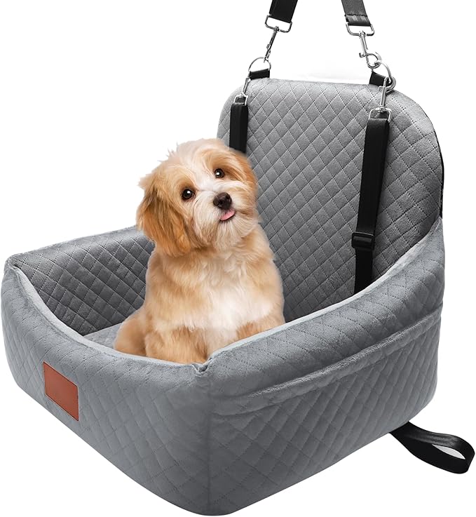 Small Dog Car Seat for Small Dogs Under 30 lbs, Memory Foam Pet Car Seat with Joint Relief & Washable Cover, Portable Travel Bed for SUV/Sedan (Grey)