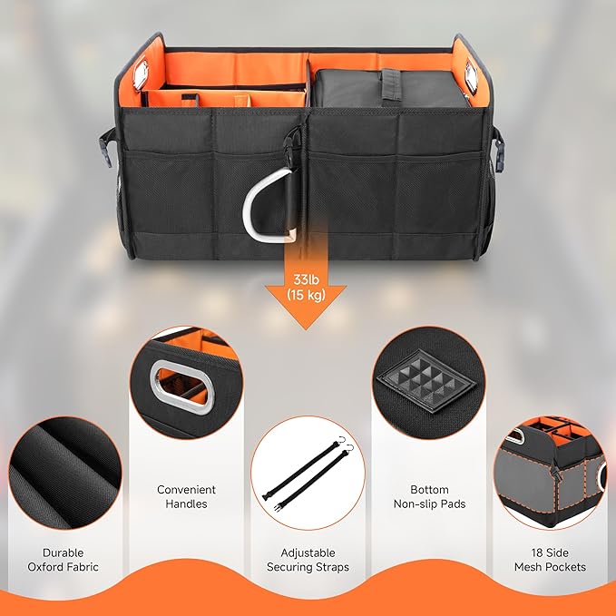 StorageWorks Trunk Organizer for SUV, Multi-Compartment Car Trunk Organizer, Car Organizer and storage with Aluminum Alloy Handle, Medium, Black and Orange, 1-Pack
