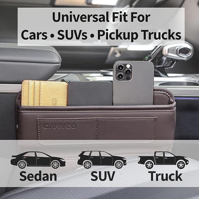 Car Seat Gap Filler Organizer with Charging Hole, In Between Car Seat Catcher for Car, Truck, SUV, Premium PU Leather Interior Accessories, Console Organizer for Phone, Keys and Small Items – Brown